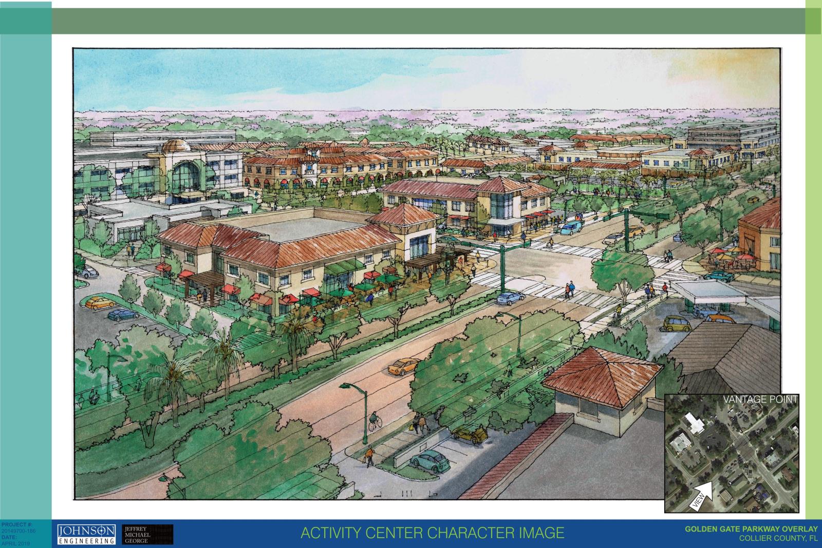 An artistic representation of several streets and surrounding buildings; a potential redevelopment scenario under the proposed standards